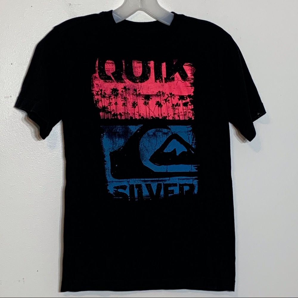 EUC Quiksilver hot pink/blue/black palm tree tee